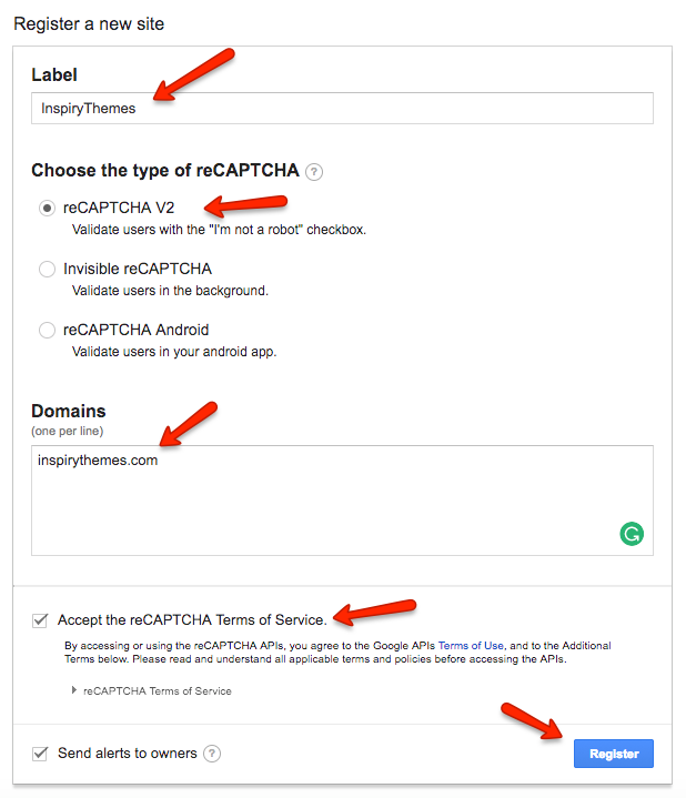 Register a New Site - Google reCAPTCHA
